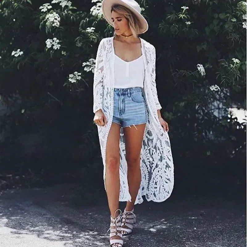 TEELYNN White lace long blouse shirt women Beach Cover-Up Swimwear Sarong floral Embroidery Kimono Sexy Cardigan summer blusa