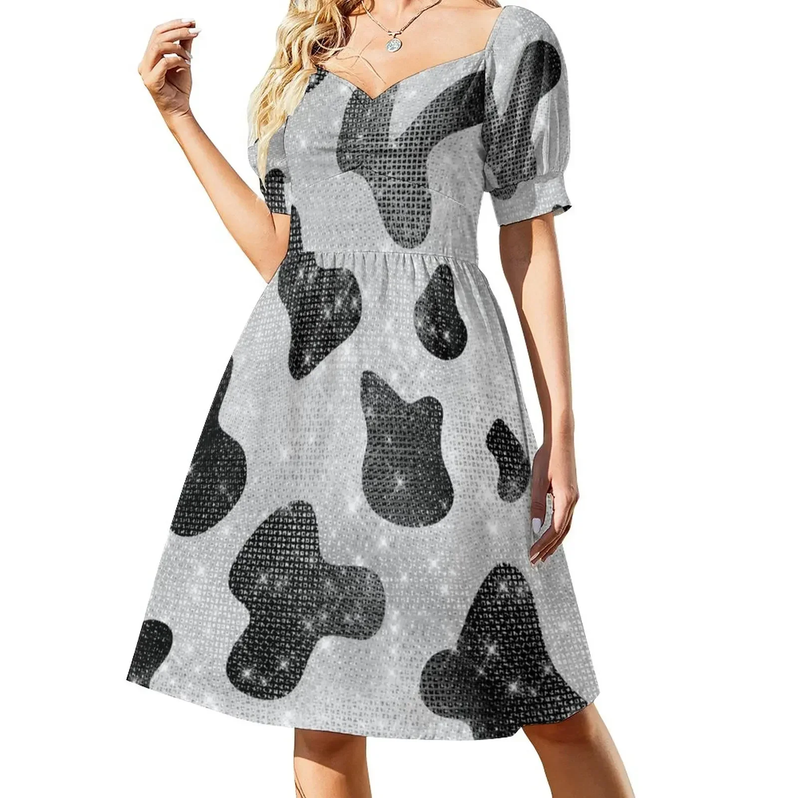 

Glamorous Black Sparkly Glitter Sequins Cow Print Short-Sleeved Dress dresses for woman 2025 Dress