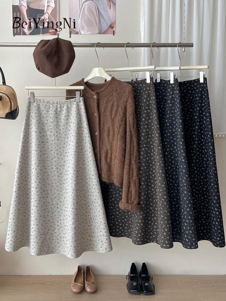 

Beiyingni French Vintage Women's A-line Skirt Floral Printed Female Casual Winter Woolen Mermaid Skirt Slim High Waisted Faldas