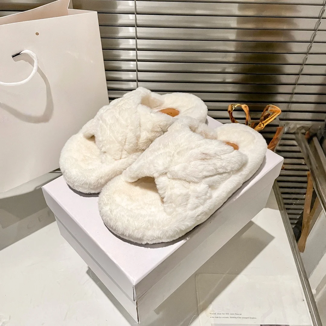 

Women’s Cross Band Fur Slippers Indoor Furry Fuzzy Open Toe Shoes Home Cozy Warm Slides Double Straps Slipper Soft Sole Non Sli