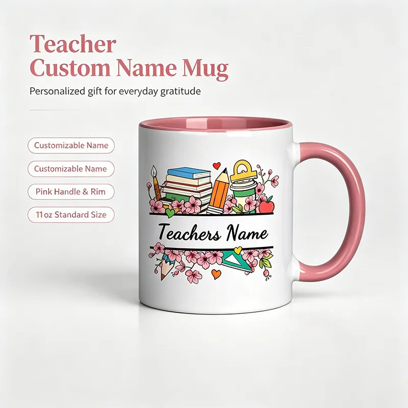 Custom 11oz Ceramic Coffee Mug with Name Personalized Teacher Themed Tea Cup Featuring Books Pencils and Floral Design