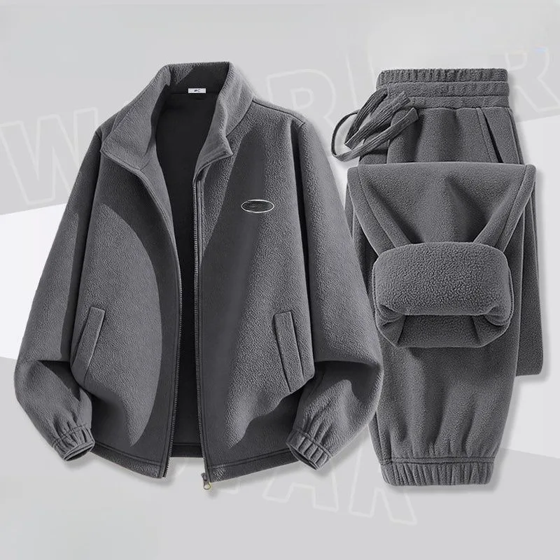 A Set of Heavy-duty Fleece Sportswear Men Thickened and Fleece Winter Youth Stand-up Collar Coat and Skinny Pants Comfort Warm