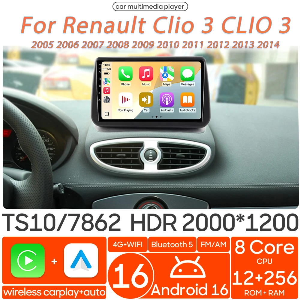 

Мультимедийный проигрыватель для Renault Clio 3 (CLIO3) 2005-2014 с Android 16, беспроводным CarPlay, автомагнитолой, видео, Wi-Fi, навигацией GPS и Bluetooth