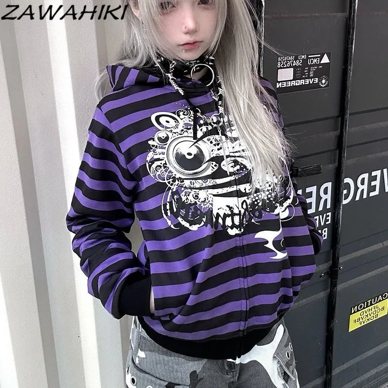

Y2k Women's Hoodies Striped Print Contrast Color Coat Women Long Sleeve Sweatshirts Office Lady Preppy Fashion Casual Ropa Mujer