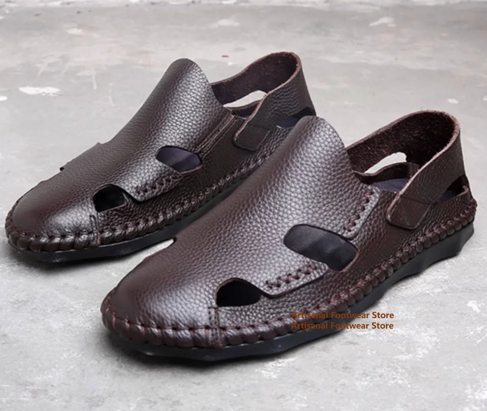 Hollow Leather Men's Sandals Summer Beach Shoes Leather Sandals Men's Real Leather Non Slip Soft Leather Soft Bottom Men's Shoes