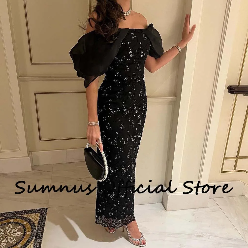 Sumnus Black Off Shoulder Mermaid Evening Dresses Luxury Sequins Beads Saudi Arabic Party Prom Dress Elegant Long Formal Gowns