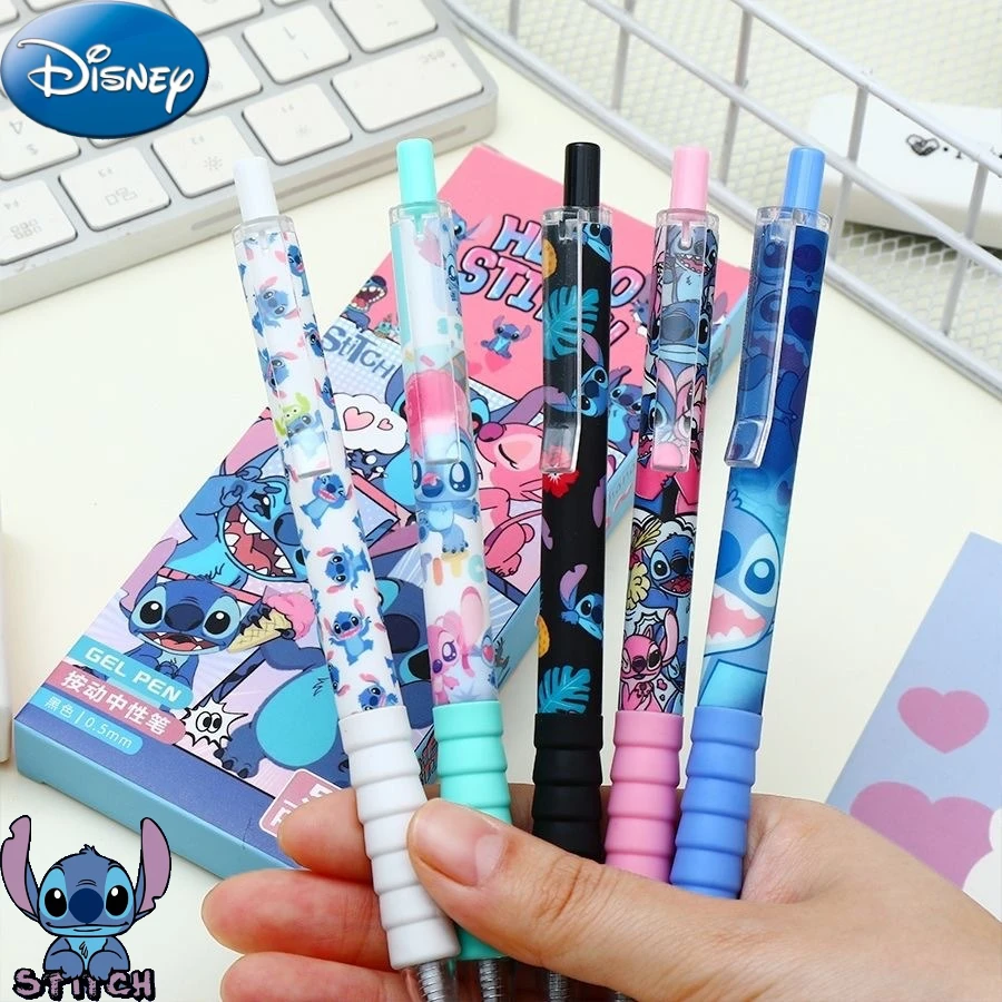 

5pcs Disney Cartoon Stitch Gel Pens Anime Figure Accessories Cute Stationery School Supplies 0.5mm Click Signature Pen Gifts