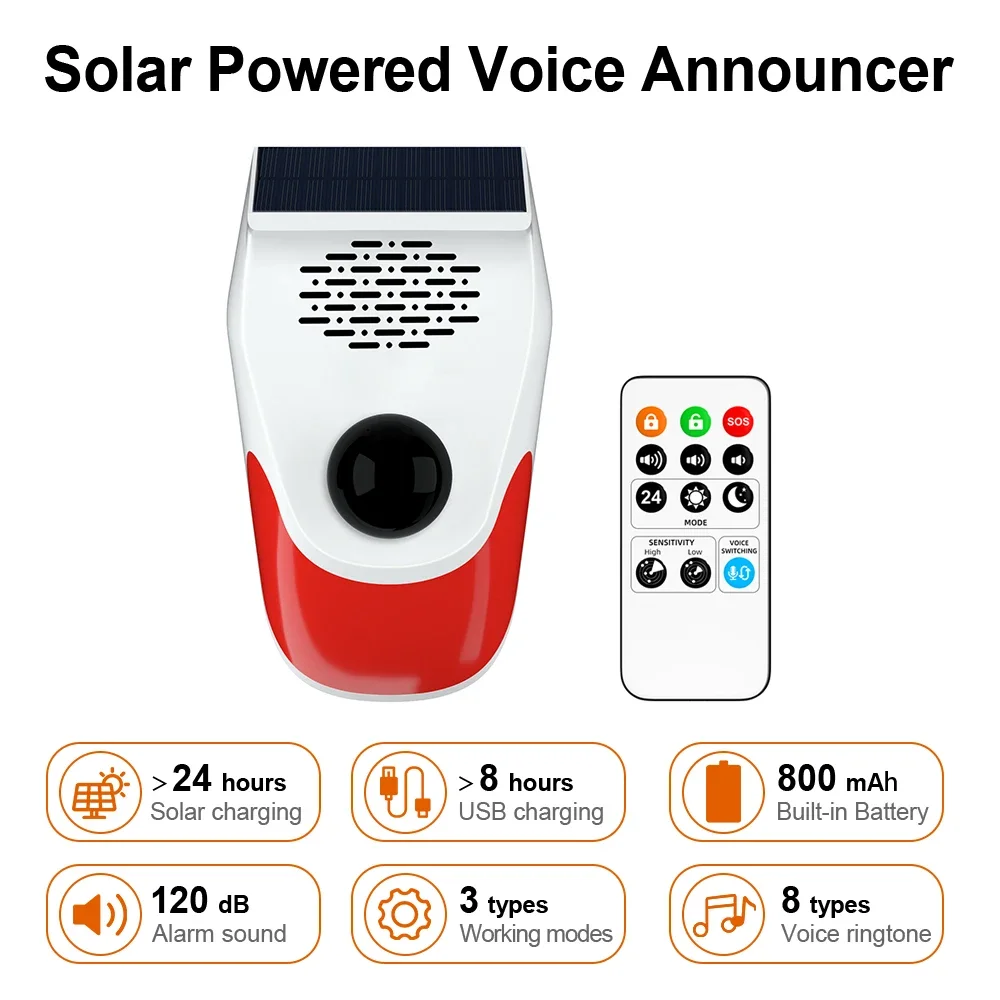 Czujnik ruchu PIR solarny 120dB z alarmem, zdalnym sterowaniem, syreną, światłem stroboskopowym, DIY, głosem, zewnętrzny, odporny na warunki atmosferyczne. — 2