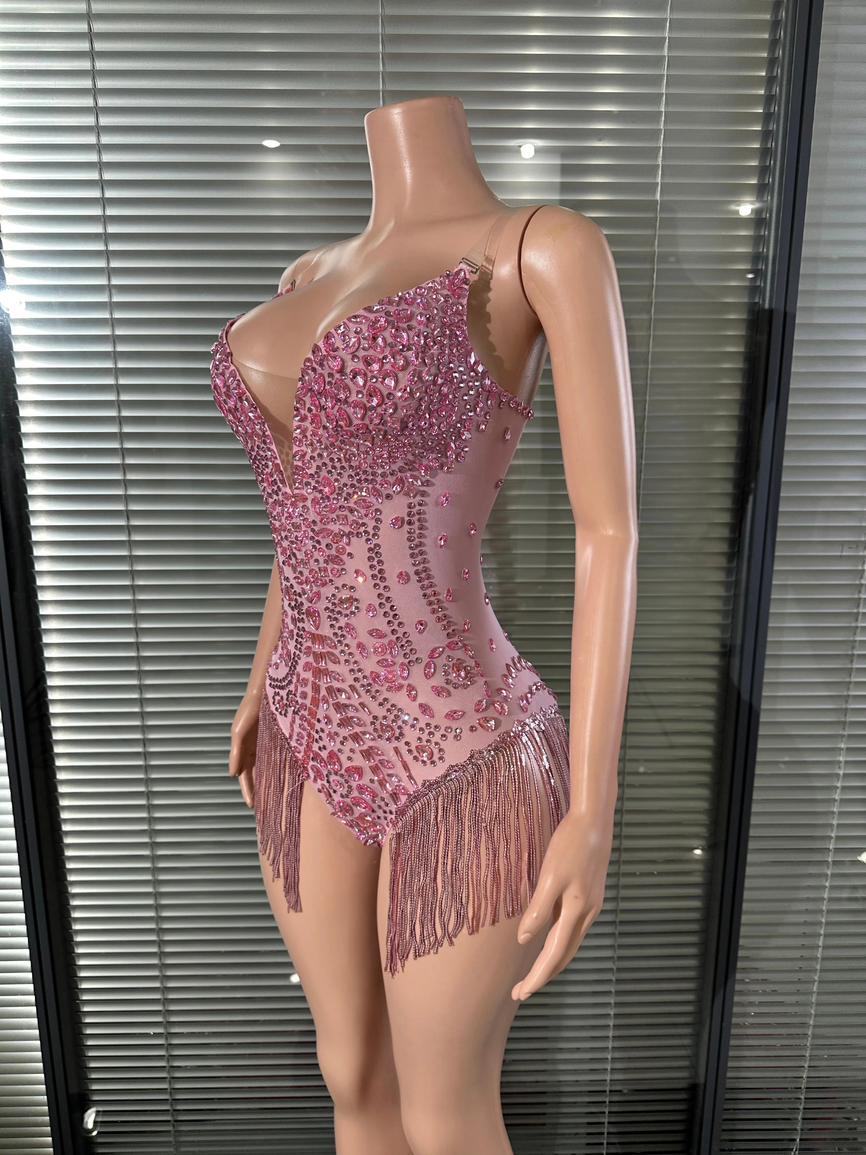 Glamorous Pink Crystal Bodysuit Women Sexy Deep V Neck Sheer Mesh Rhinestone Fringe Bodycon Outfit Nightclub Party Costume