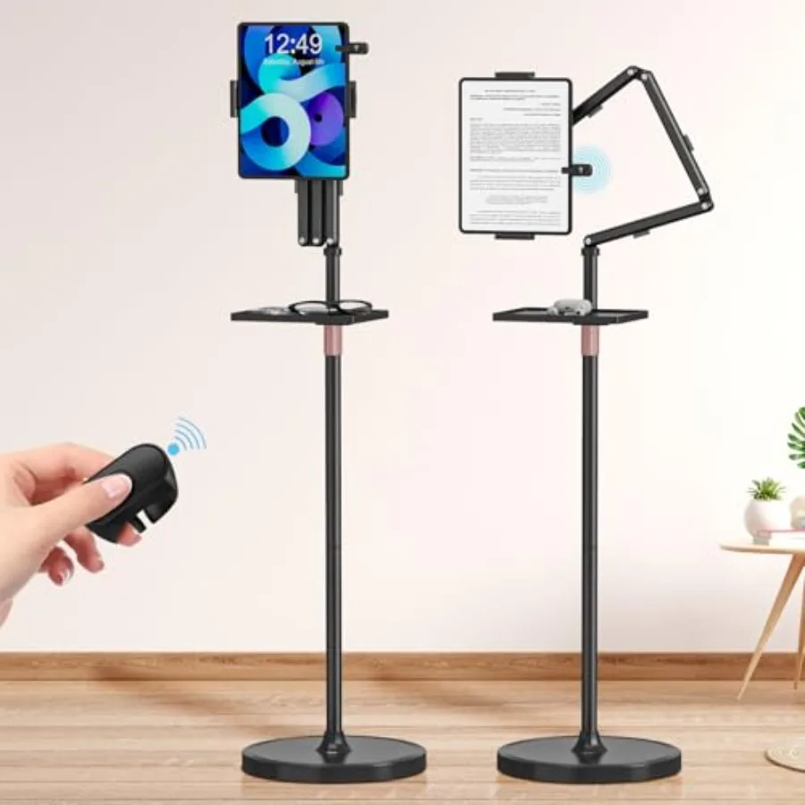 

Height Adjustable Tablet Floor Stand with Remote Page Turner for Bed Removable Tray Holder for iPad Kindle Phone 4.7-15.6 Black