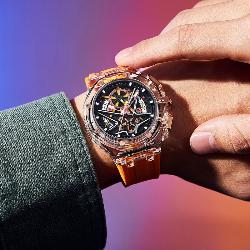 ساعة كوارتز رجالية فاخرة الراقية حزام مطاطي مقاوم للماء ساعات مضيئة رجالي الرياضة التقويم ساعة اليد الذكور Montre أوم