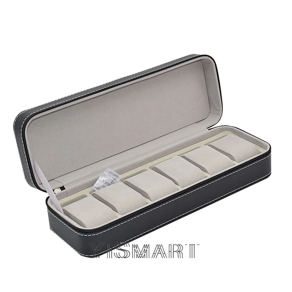 6 slots de couro do plutônio portátil caixa de relógio de viagem organizador de jóias caixas de armazenamento com zíper fácil transportar relógios