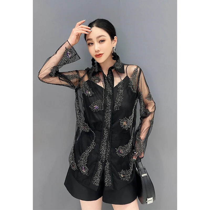 

SuperAen Spring Summer 2024 New Mesh Long Sleeve Shirt Heavy Industries Hot Drill Sexy Perspective Strap Fashion Elegant Shirt