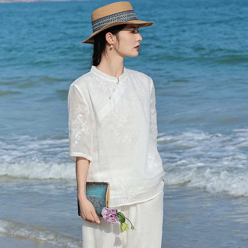 

Новая женская повседневная блузка из 100% рами с вышивкой, летняя, в китайском стиле, с воротником-стойкой, с рукавом до локтя, M2546