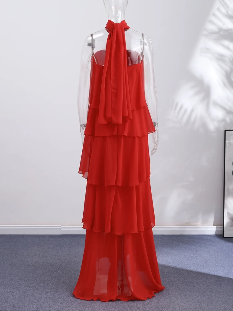 Damen Patchwork Trägerloses Maxikleid Ärmellos mit Rüschensaum und Schal Schnürkleider 2026 Sommer Elegantes Abendkleid für Damen – Detail 1