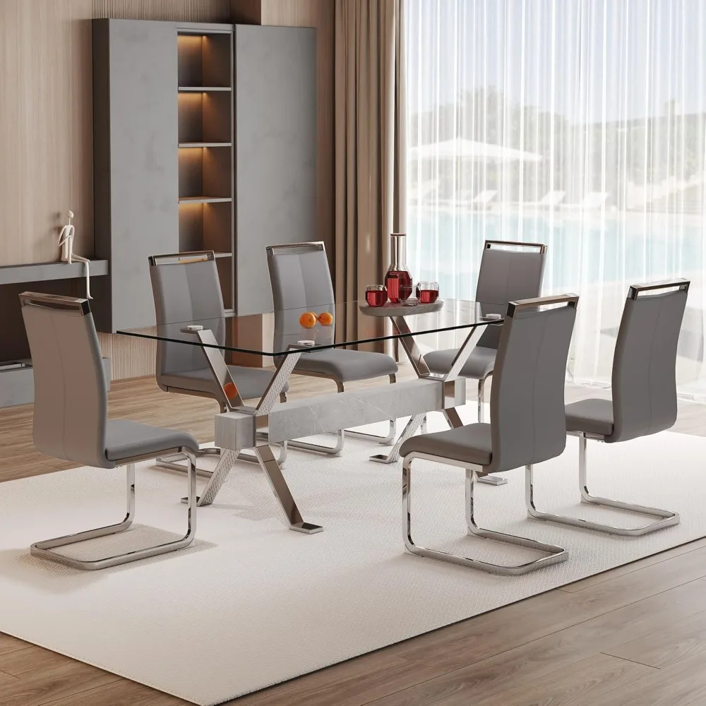 Juego de mesa de comedor de 71 "y 7 piezas, mesa de comedor de vidrio templado con 6 sillas de cuero, para cocina, juego de mesa y silla para 6