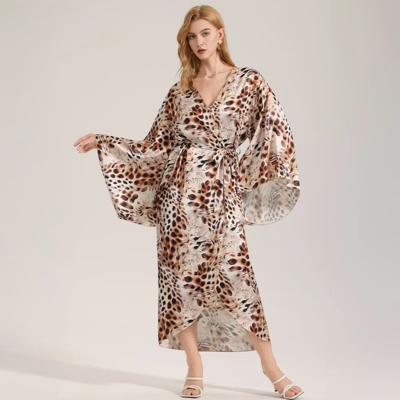 

Women Luxury Leopard Long Robe Nightgown Fashion New Bathrobe Kimono Gown Homewear Satin Chiffon Sleepwear Home Wear 2025 New