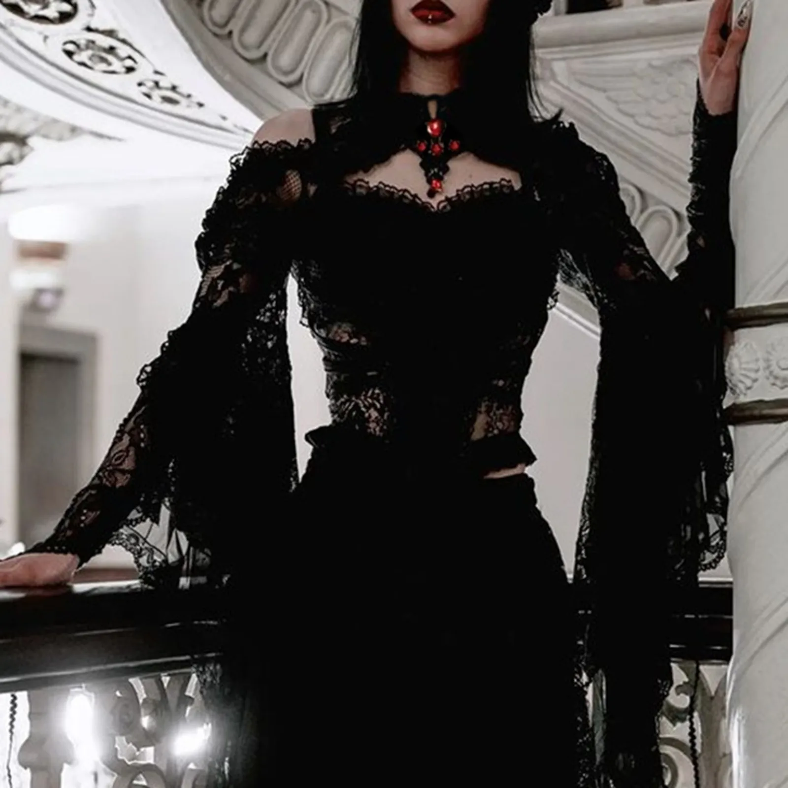 

Women's Trumpet Sleeve Lace Cardigans Black Lace Gothic Sexy Cardigan Top Long Sleeves Shawl Party Halloween Cosplay Costumes