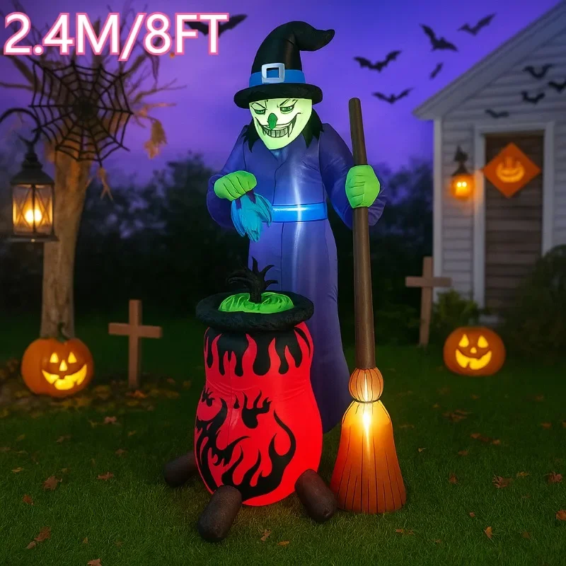 

8 футов надувные игрушки для Хэллоуина, уличное украшение, ведьма с автоматическим вращением, котел, встроенный светодиодный светильник, рождественские украшения