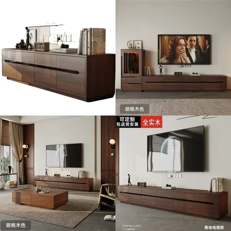 Solid Oak Coffee Table with Floor Storage Walnut Color Modern Light Luxury Living Room TV Cabinet Simple Ancient Style