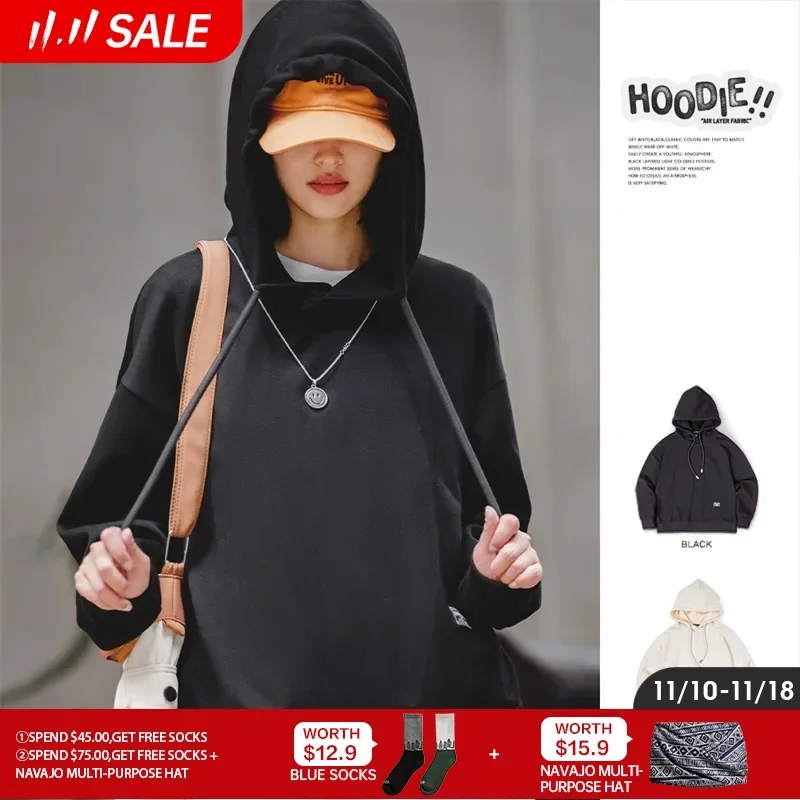 Maden Air Layer Fabric Hooded Sweatshirt for Women Loose-fit Solid Color Sweater Autumn Outerwear Black Hoodies Versatile Tops