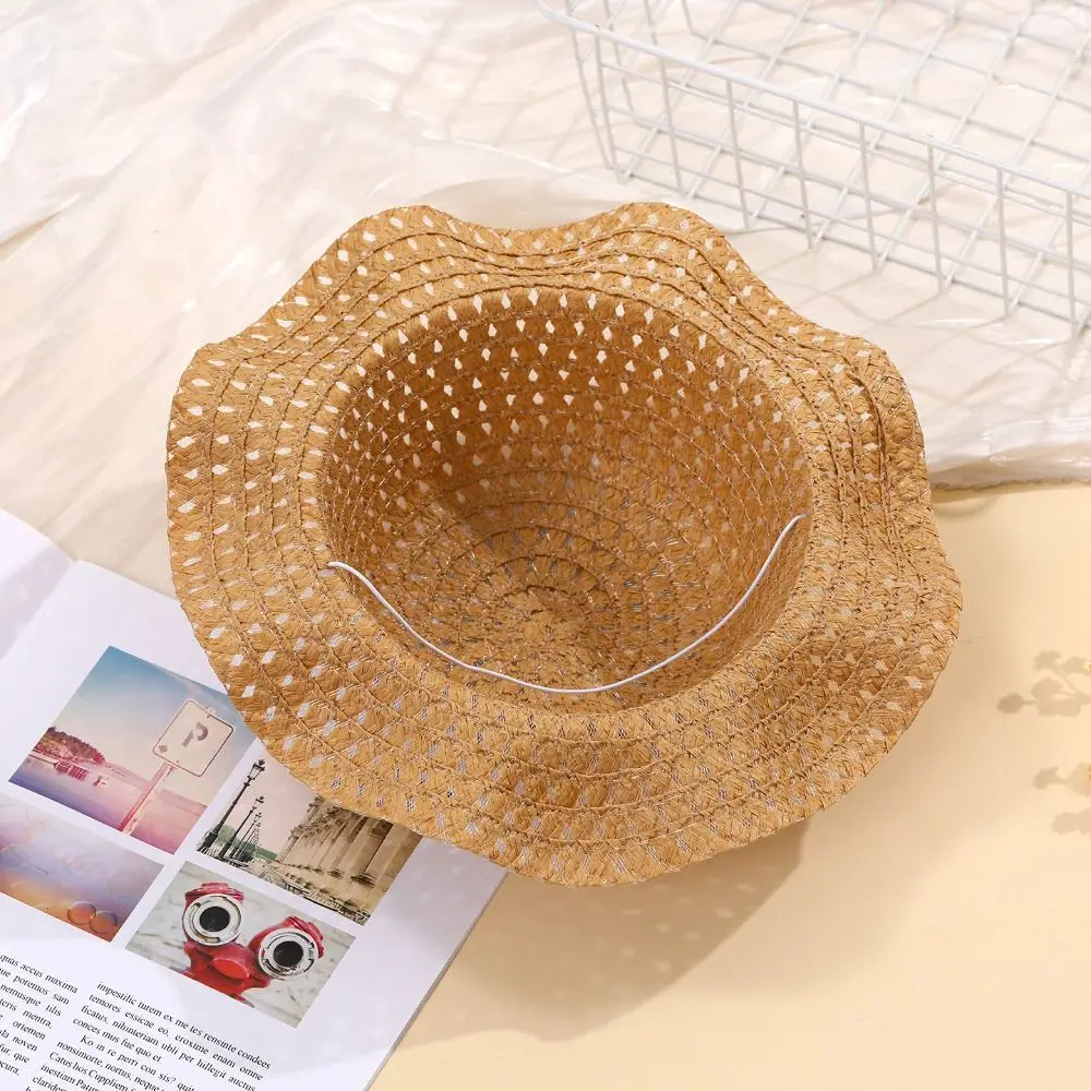 

Portable Large Brim Children Straw Hat Solid Color Sunscreen Hats Hollow Out Sun Cap Children