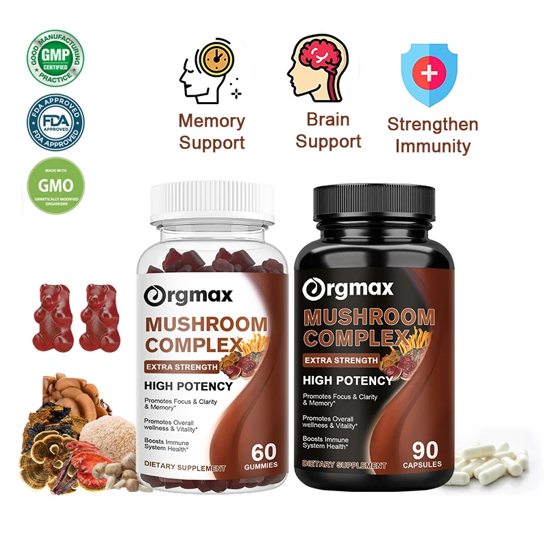 

Vegan Mushroom Gummies & Capsules for Focus & Memory Clarity Energy Support Immunity with Reishi Cordyceps, Chaga,Lion Mane