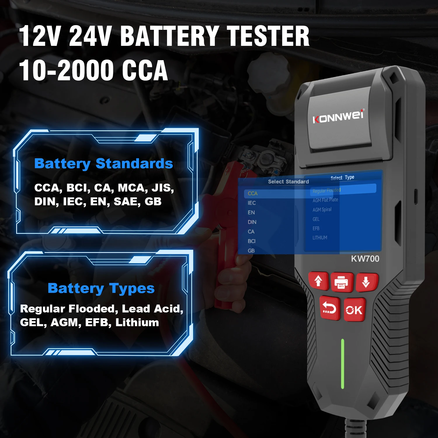 

12V 24V Car & Truck Battery Tester KONNWEI KW700 with Printbattery Tester with Printer To Check Voltage CCA Internal Resistance