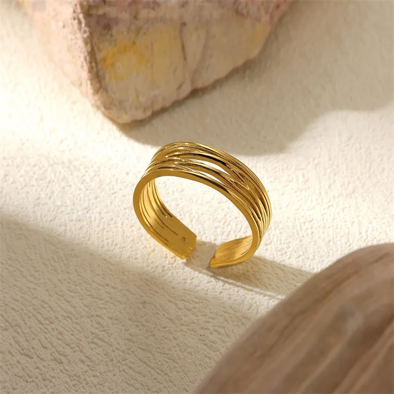 EILIECK 316L Stainless Steel Geometric Open Rings Golden Minimalist Ring Fashion Waterproof Unusual Trendy Textured Jewelry