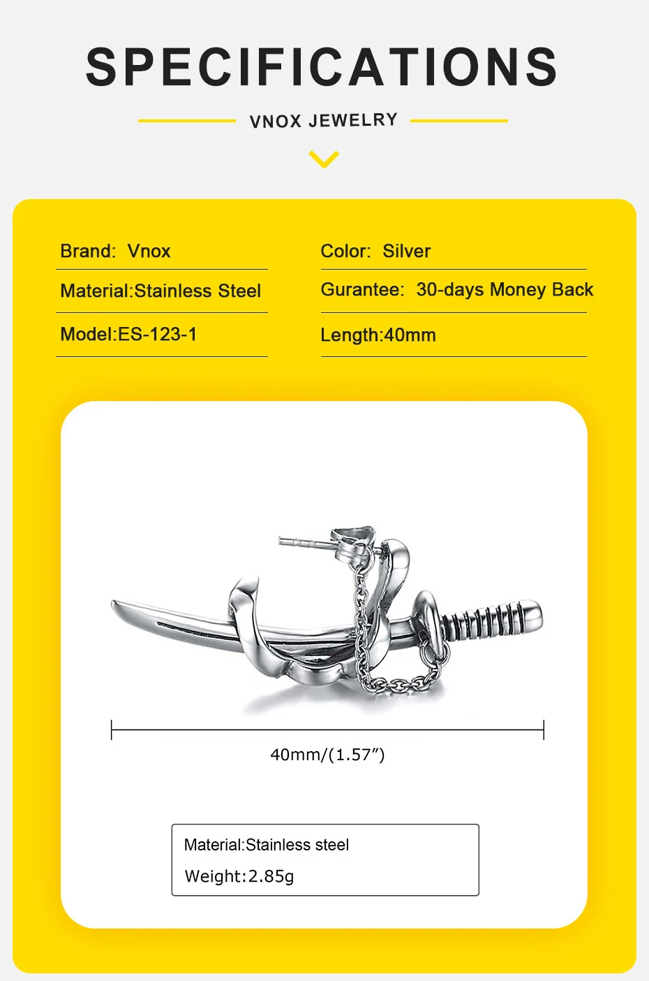 Vnox coole Punk Schwert Ohr stecker für Männer Frauen, nie verblassen Edelstahl Samurai Scimitar Katana Zaun Ohr Zubehör – Detail 2