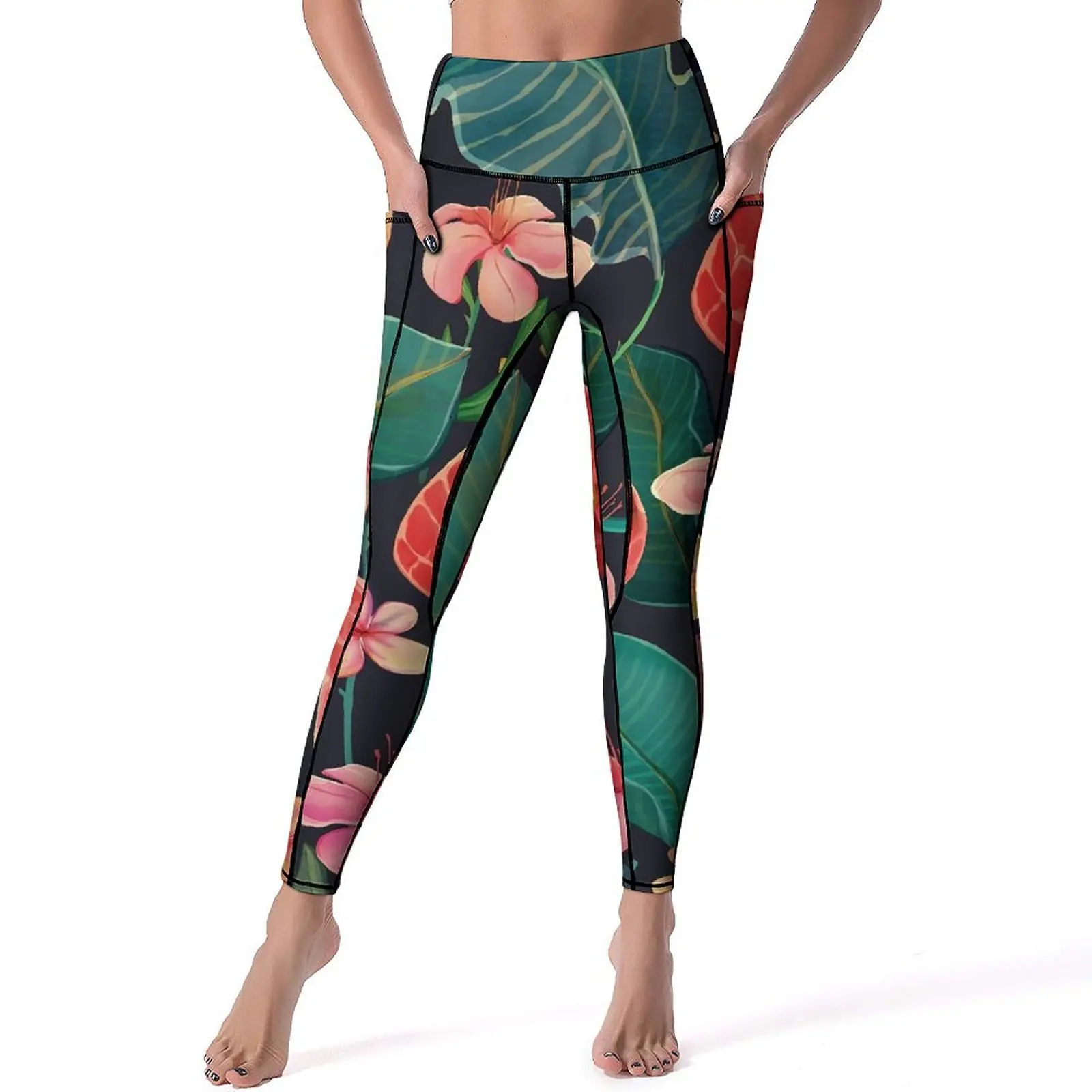 Tropical Floral Yoga Pants Sexy Pink Flowers Graphic Leggings Push Up Fitness Leggins Women Novelty Stretch Sports Tights