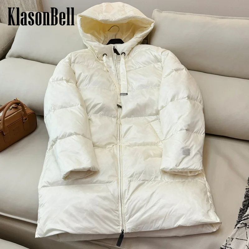 8.28 KlasonBell-Women Classic Hooded Lace-up Down Jacket Mid-Length Solid Whiter Goose Down Keep Warm Down Zipper Outerwear