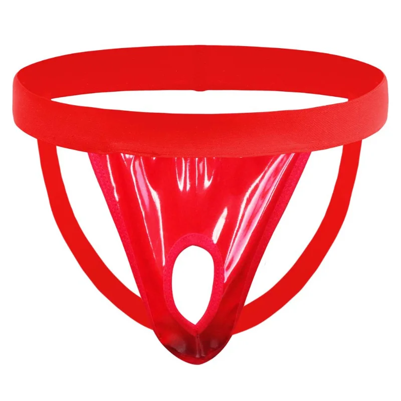 Men Jockstrap Sexy Glossy Pu Leather Underwear Wide Rubber Band Thongs And G Strings Cueca Front Hollow Open Butt Thong Lingerie