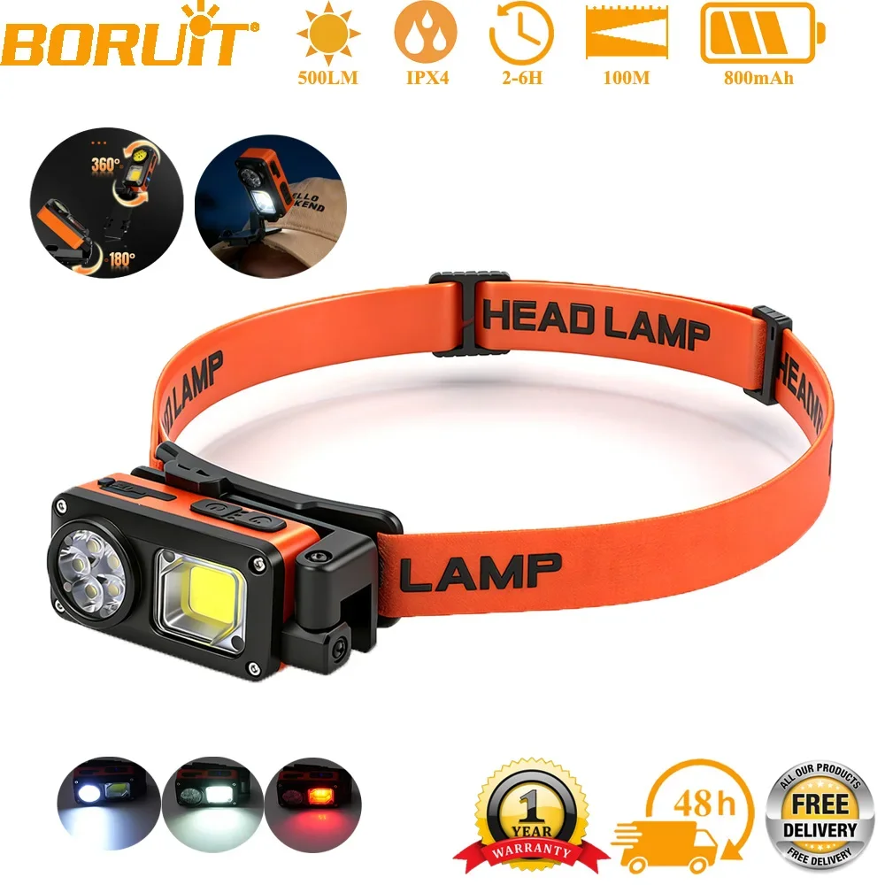 BORUiT 500LM Sensor 5 Modes Head Flashlight LED Angle Adjustable with Magnet& Clip Headlamp with Red Light for Outdoor Fishing