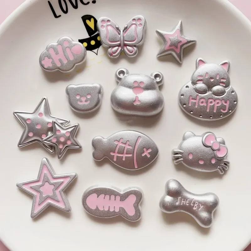 5pcs Cute Silver Pink Hello Kitty Star Resin Flatback Supplies Handmade Fish Bear Resin Charms for Diy Kawaii Resin Accessories