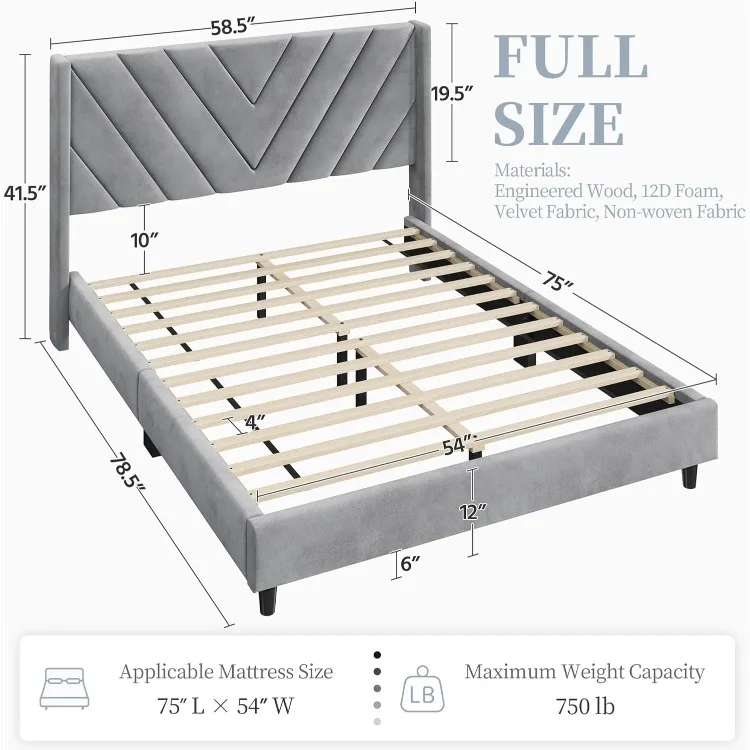 Full Bed Frame Upholstered Platform Bed with Wing Side Tufted Headboard/Sturdy Wooden Slat Support/No Box Spring