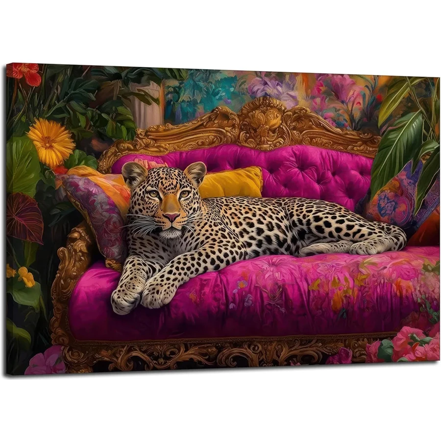 Cheetah Lying On Pink Sofa diamond painting kits Wall Art Leopard diamond embroidery Wall Decor Pictures Maximalist Animal art