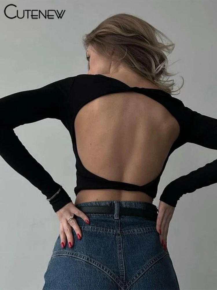 

Cutenew Fashion Wild Women T-shirts Classic Concise Back Cut Out Full Sleeve Skinny Crop Tees Female Trend Matched Streetwear