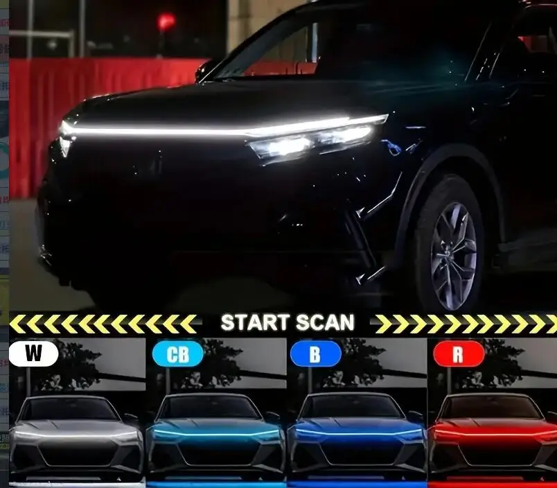 New car hood with continuous LED daytime running light, scanning ambient light, engine hood light, super bright light guide