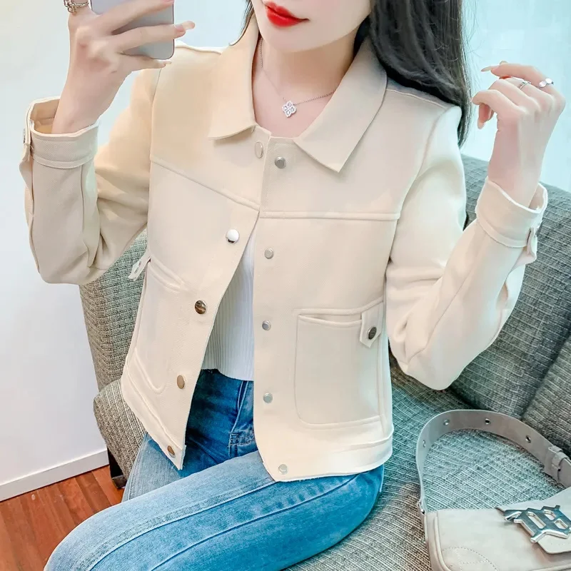 Spring Autumn Short Suede Jacket Women 2024 New Loose Lapel Coat Pure Colour Covered Button Outerwear Fashion Pocket Top Female