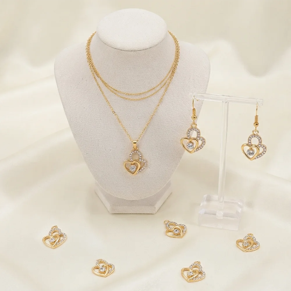 3Pcs/Lot Shining Rhinestone Alloy Heart Charm Fashion Personality Pendant Necklace Earrings Series Temperament Exquisite Jewelry