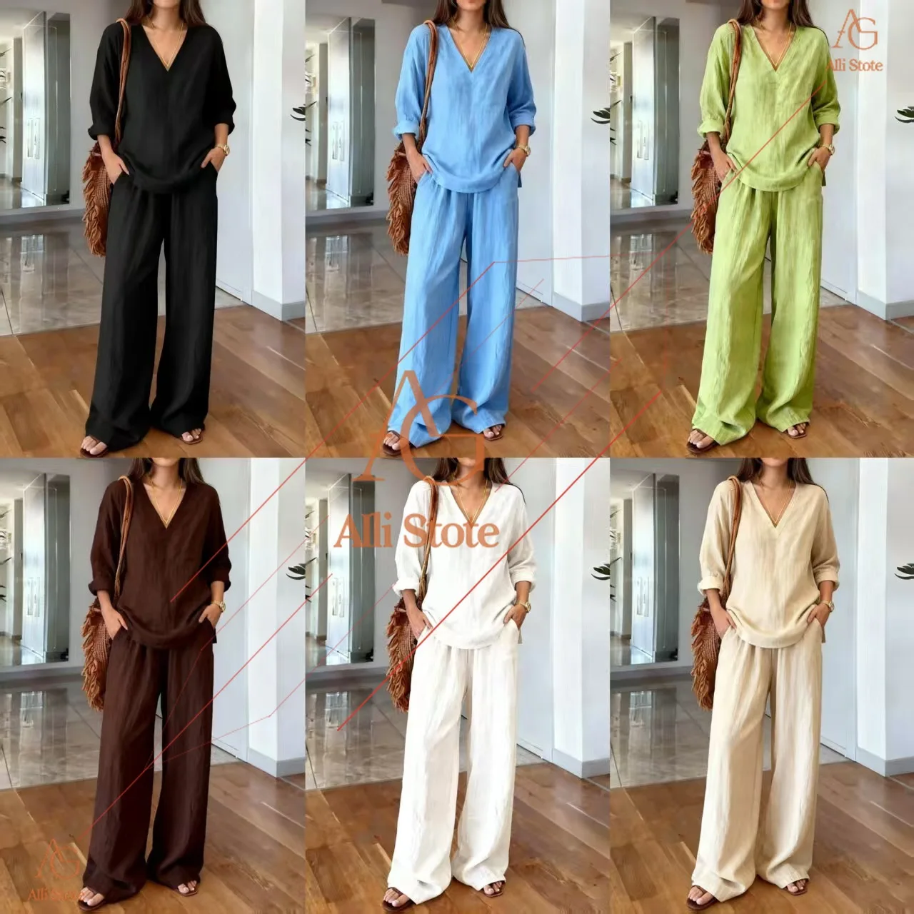 Ensemble 2 pièces pour femmes, pantalon long décontracté fin, col en V, ensemble tendance ample, t-shirt à manches longues, style décontracté, vêtements d'automne
