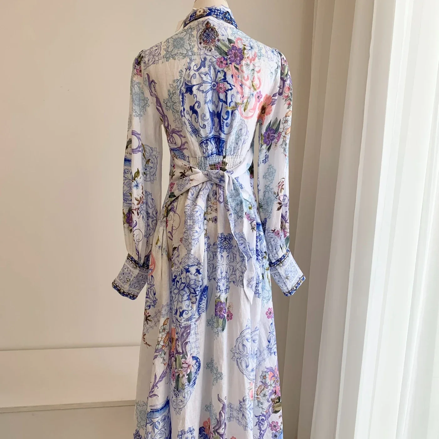 2024 New Blue and White Porcelain Floral Print Long Sleeve High Quality Midi Dress for Women