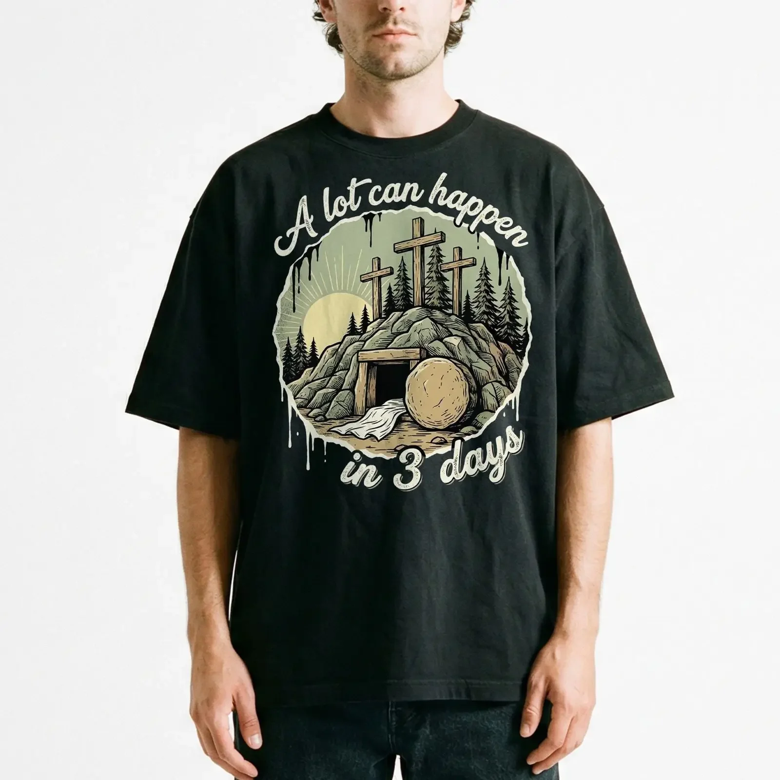 Resurrection Three Crosses Easter Christian T Shirt Faith Religious Quote vintage Washed Comfortable Unisex homme Soft Casual