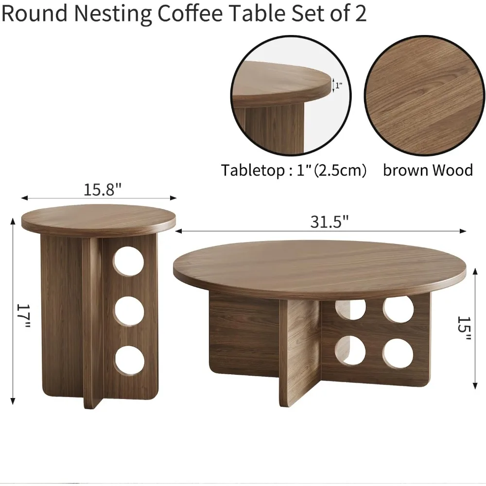 Modern 31.5 Round Nesting Coffee Table Set, 2-Piece Wooden Side Tables for Small Spaces, Brown Grain Top with Adjustable Non-Sli