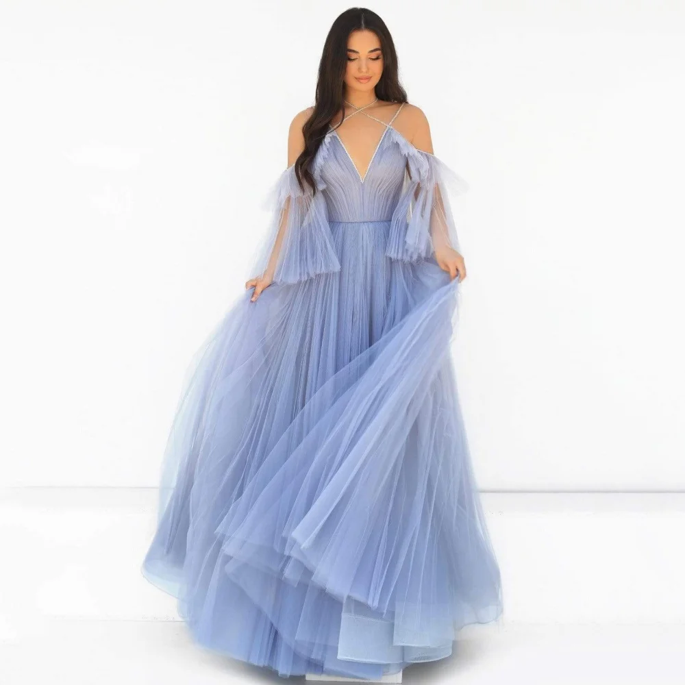 

Elegant A Line Prom Dresses Customized Tulle V Neck Party Gowns Spaghetti Straps Blue Evening Dress New Vestidos