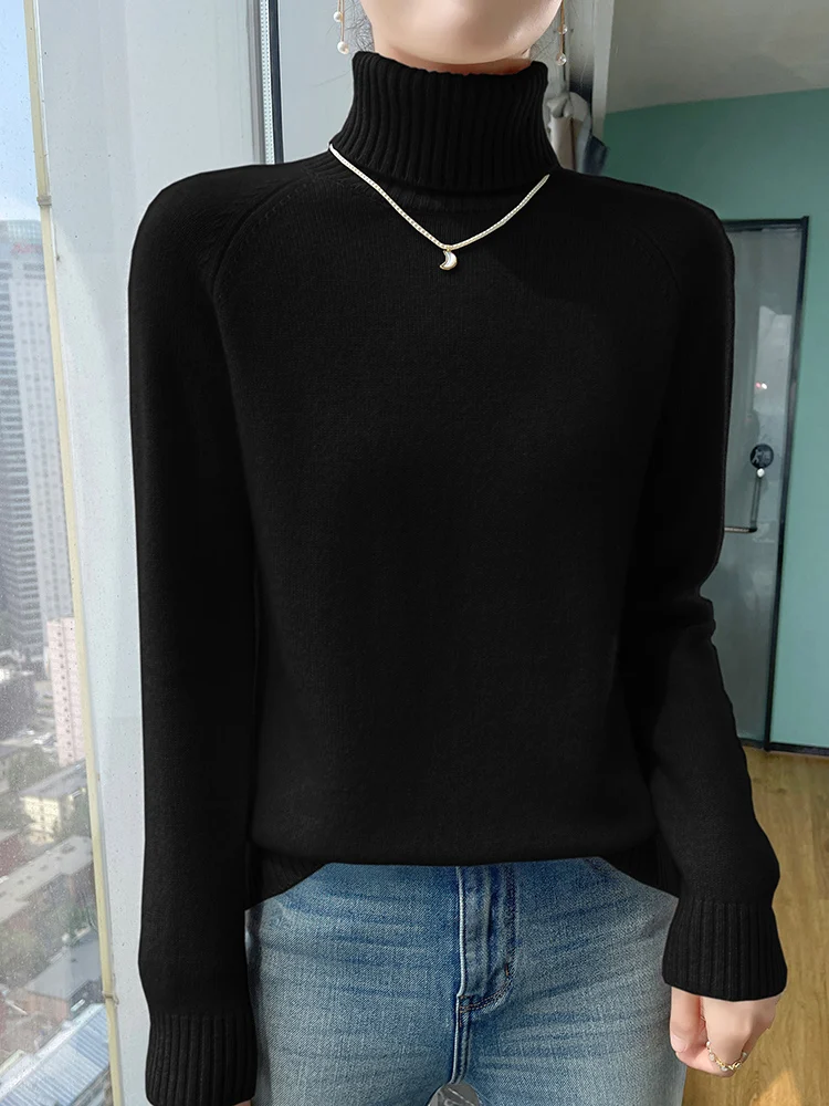 가을 겨울 여성 터틀넥 스웨터 울 풀오버 라글란 슬리브 두꺼운 캐시미어 기본 100% 메리노 울 니트 솔리드 탑 New