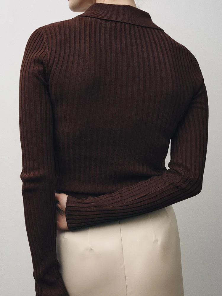 봄 신상 여성 슬림핏 골지 니트 폴로 셔츠 긴팔 니트 스웨터 출퇴근 스타일 레귤러 두께 단색