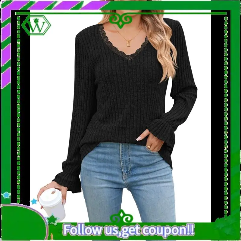 

A18P-Long Sleeve Tops For Women Loose Fit Dressy Lace V Neck Casual Trendy Tops To Wear With Leggings Fall Fashion
