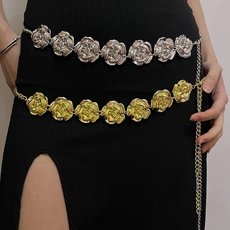 

Gold Metal Flower Women's Belt Fashion Wave 2024 Luxury Exaggerated Banquet Party Waist Chain For Femme Apparel Accessories